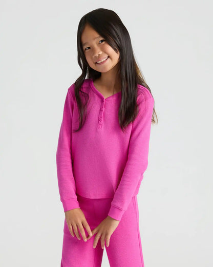 Girls Electric Fuchsia Long Sleeve Boxy Waffle Henley