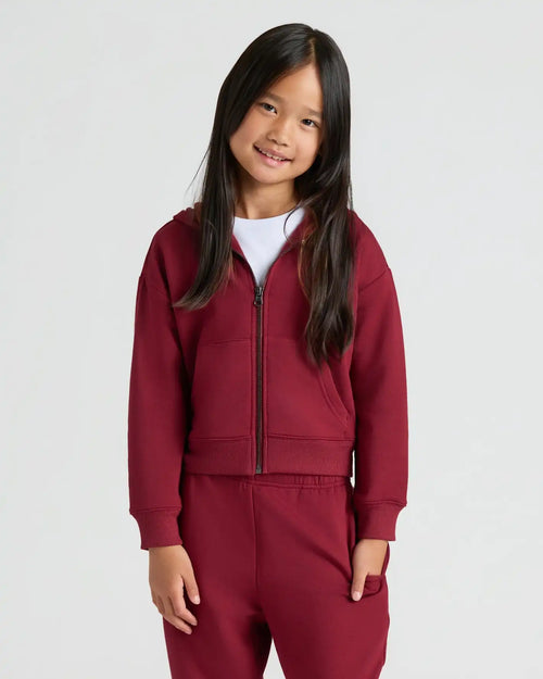 Girls Dark Maroon Cropped Zip Hoodie