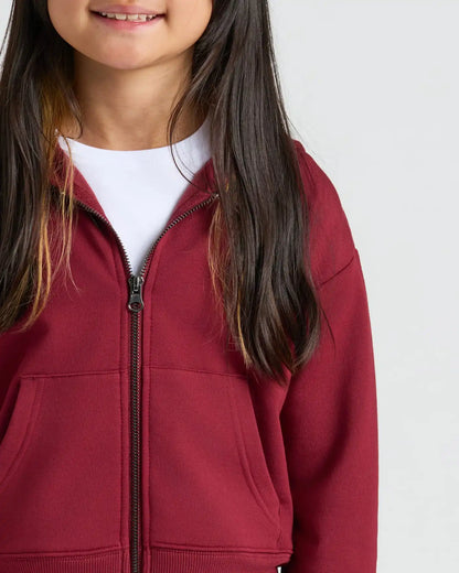 Girls Dark Maroon Cropped Zip Hoodie