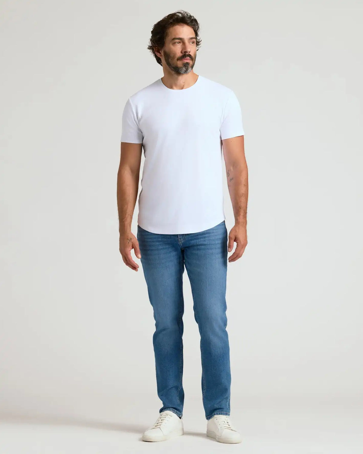 White Pima Cotton Blend Curved Hem Crew