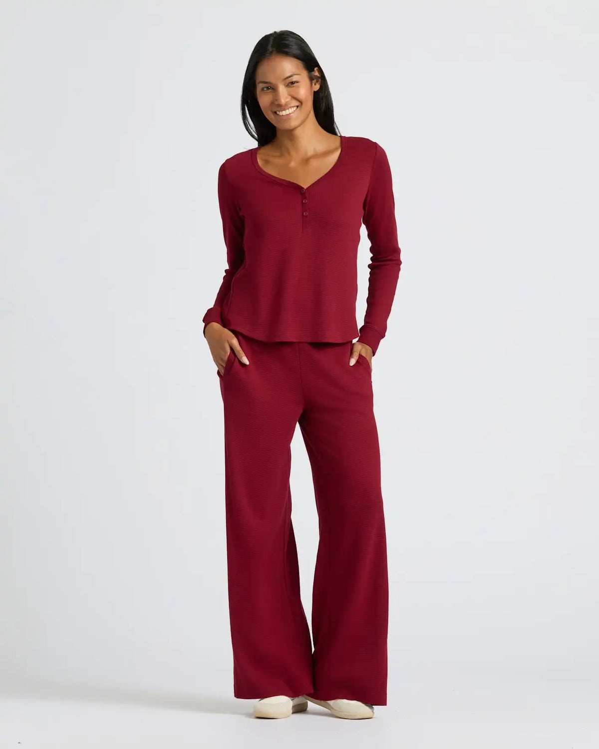 Womens Dark Maroon Waffle Long Sleeve Boxy Henley