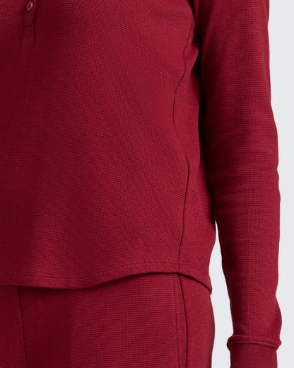 Womens Dark Maroon Waffle Long Sleeve Boxy Henley