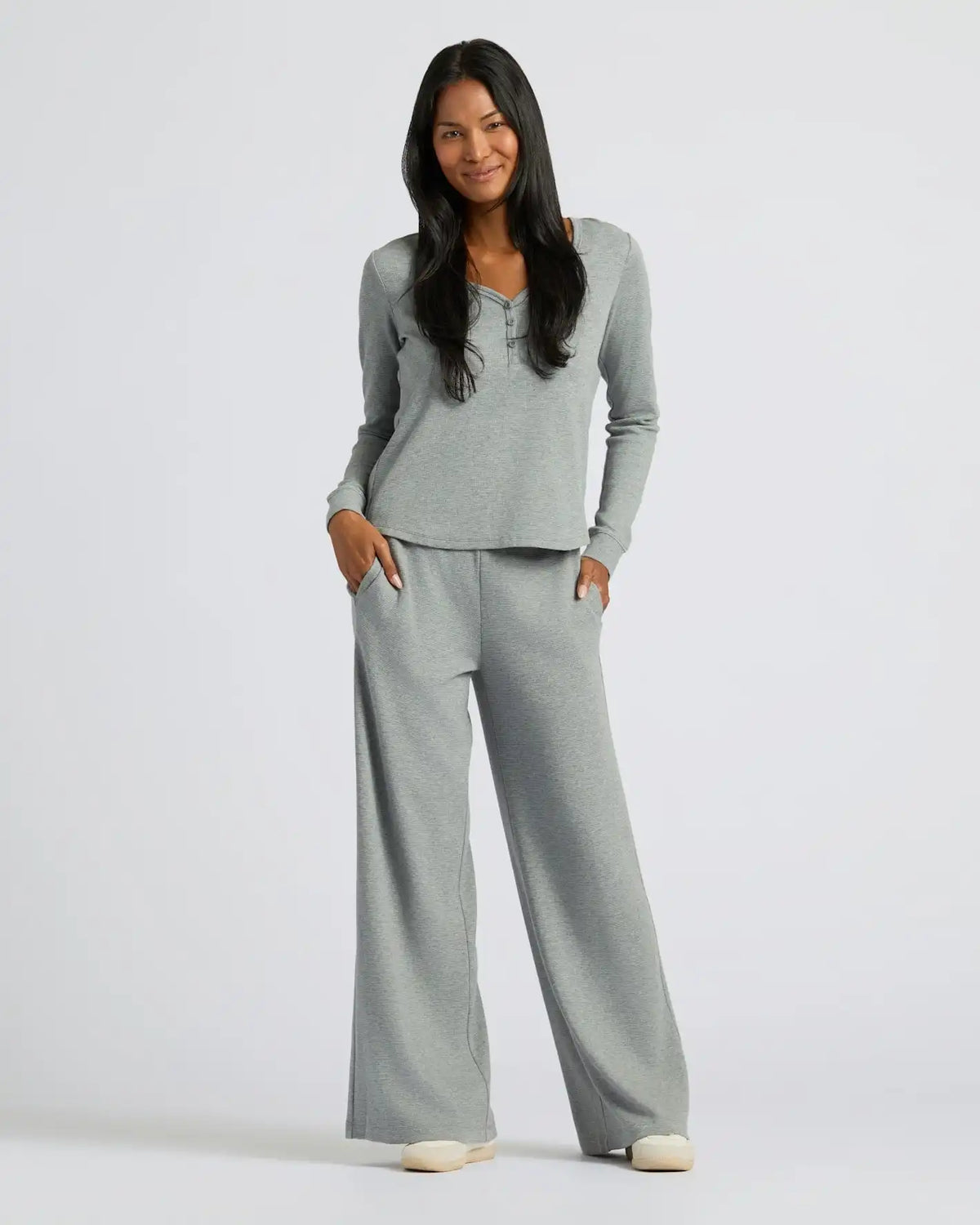 Womens Heather Gray Waffle Long Sleeve Henley & Waffle Leg Pant 2-Pack