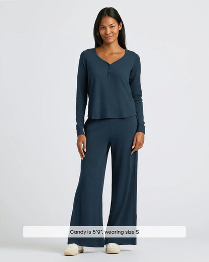 Womens Navy Waffle Wide Leg Pants