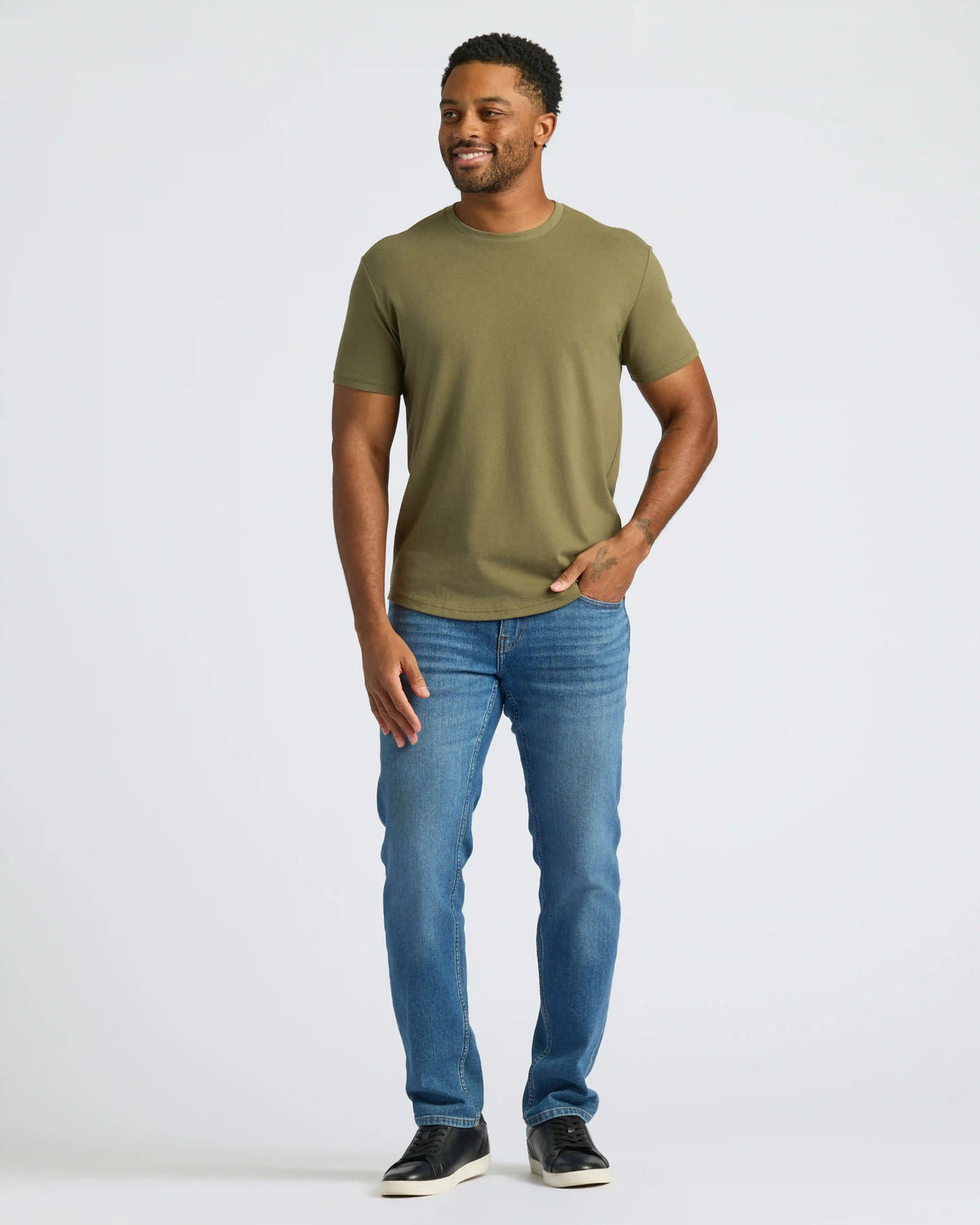 Military Green Curved Hem Classic Crew Neck