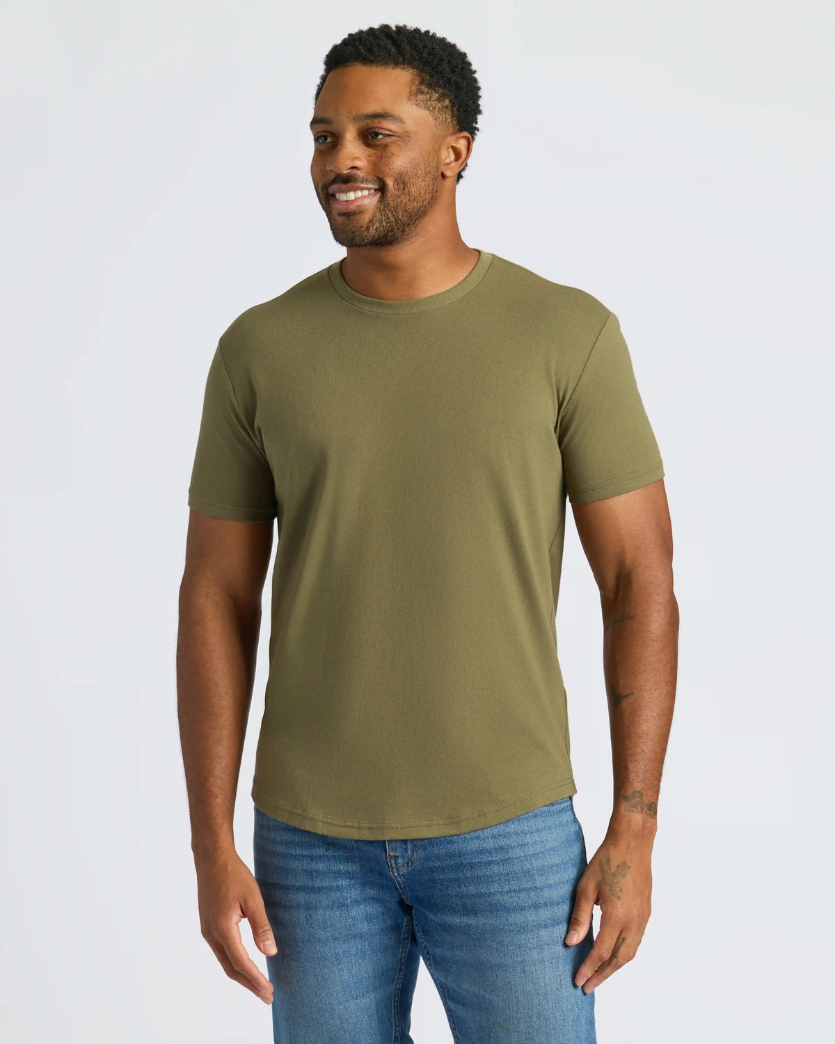Military Green Curved Hem Classic Crew Neck