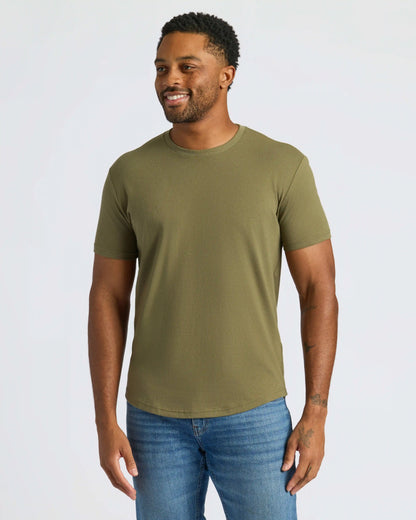 Military Green Curved Hem Classic Crew Neck